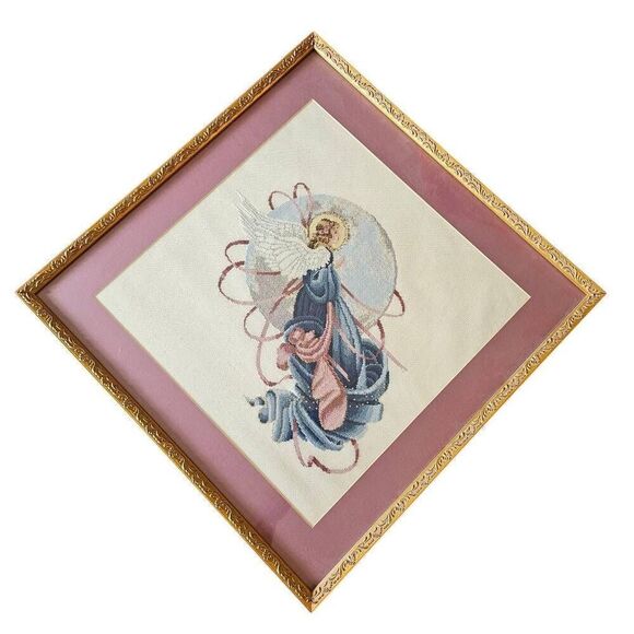 Counted Cross Stitch Moon Angel Completed Lavender & Lace Framed 20" X 20" - Picture 1 of 9
